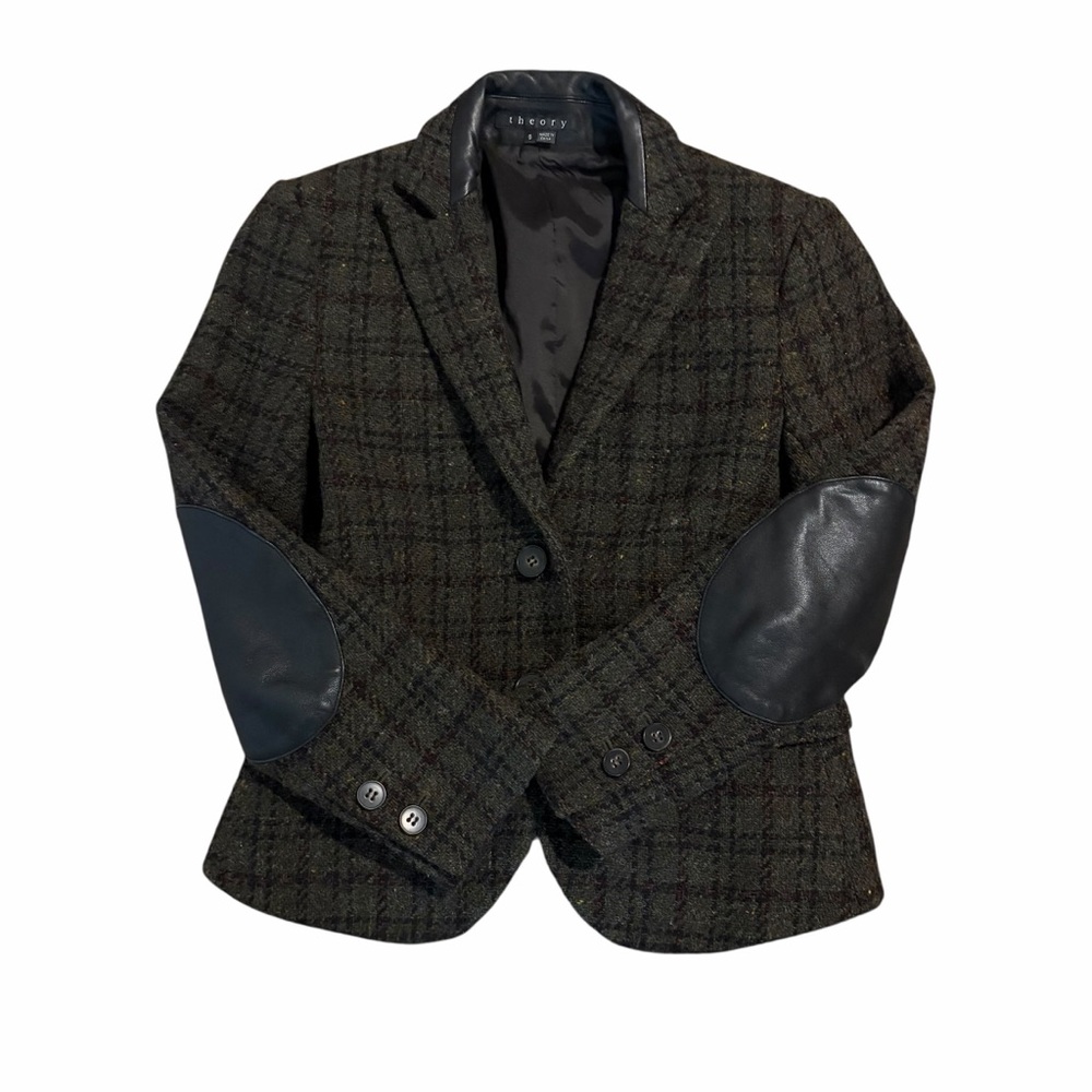 Theory Blazer Plaid Wool Shamara Vernon Leather Elbow Patch Green Brown 0